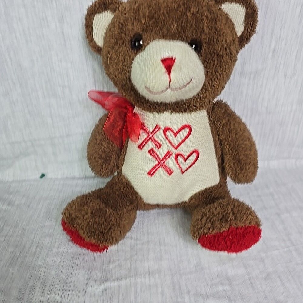 Dan Dee Bear Plush Toy Stuffed Animal Red Hearts Brown White Crochet Huggable